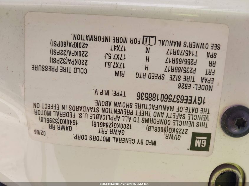 2006 Cadillac Srx V6 VIN: 1GYEE637560188536 Lot: 43914690