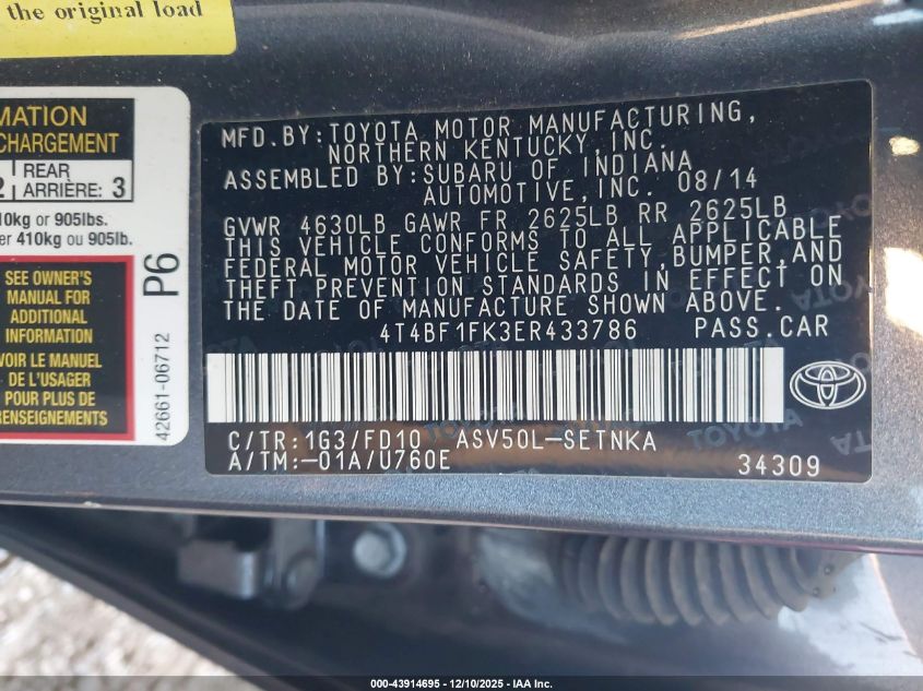 2014 Toyota Camry Le VIN: 4T4BF1FK3ER433786 Lot: 43914695