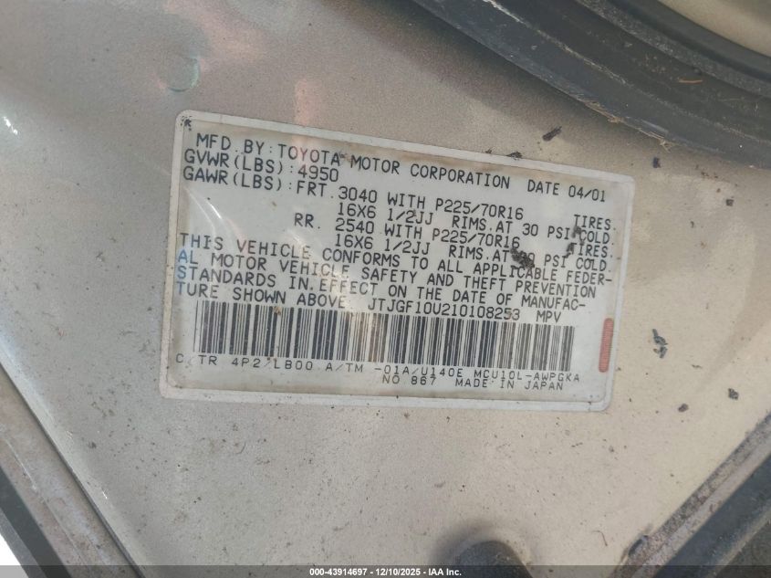 2001 Lexus Rx 300 VIN: JTJGF10U210108253 Lot: 43914697