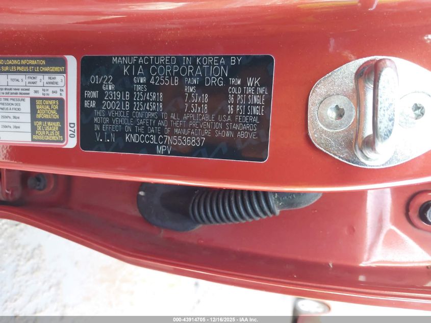 2022 Kia Niro Touring Se VIN: KNDCC3LC7N5536837 Lot: 43914705