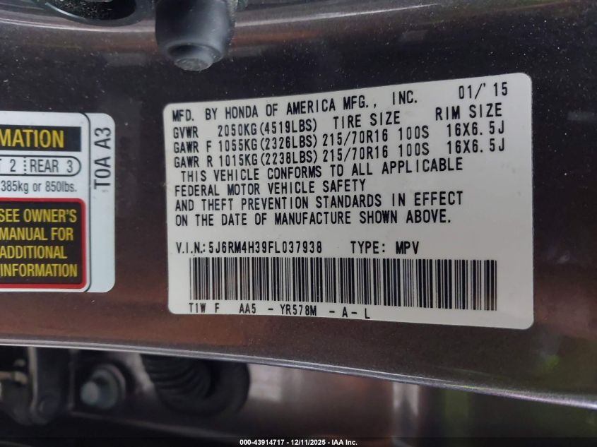 2015 Honda Cr-V Lx VIN: 5J6RM4H39FL037938 Lot: 43914717