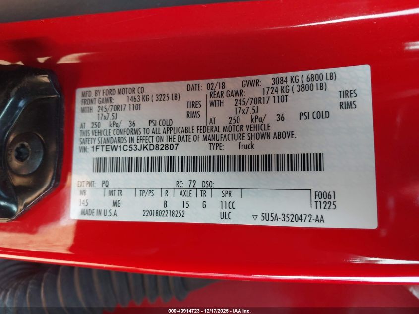 2018 Ford F-150 Xlt VIN: 1FTEW1C53JKD82807 Lot: 43914723