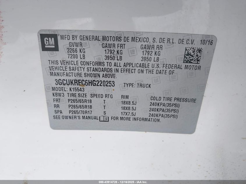 2017 Chevrolet Silverado 1500 2Lt VIN: 3GCUKREC6HG220253 Lot: 43914728