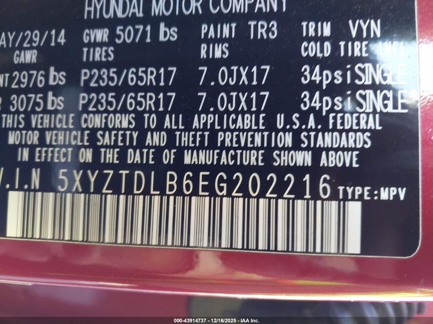 2014 Hyundai Santa Fe Sport 2.4L VIN: 5XYZTDLB6EG202216 Lot: 43914737