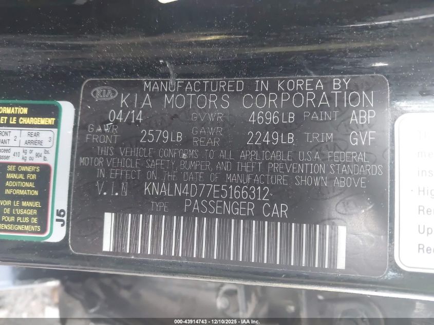 2014 Kia Cadenza Premium VIN: KNALN4D77E5166312 Lot: 43914743