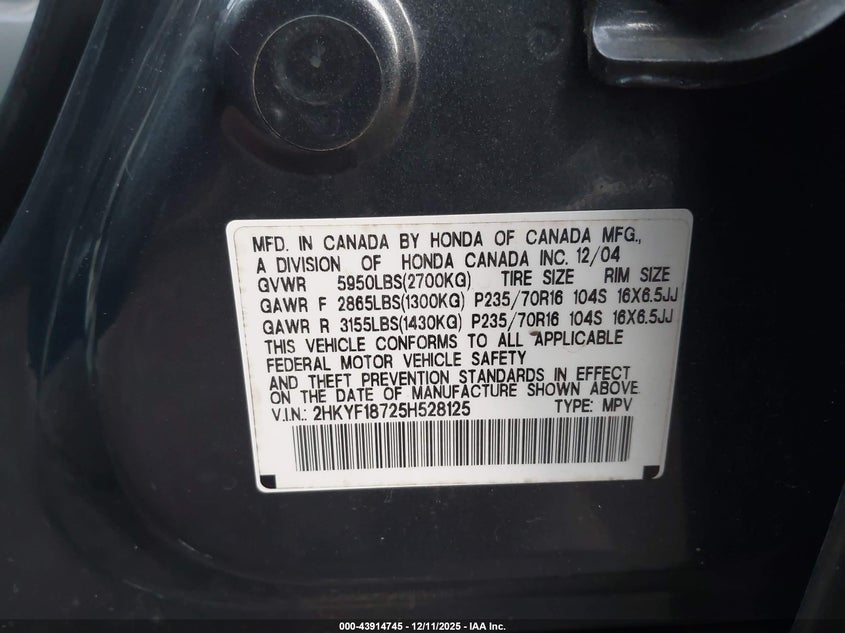 2HKYF18725H528125 2005 HONDA PILOT photo no. 9