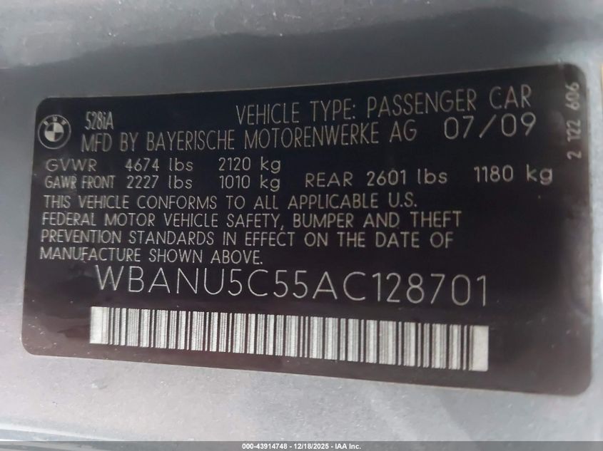 2010 BMW 528I VIN: WBANU5C55AC128701 Lot: 43914748