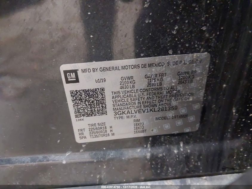 2019 GMC Terrain Slt VIN: 3GKALVEV1KL281359 Lot: 43914750