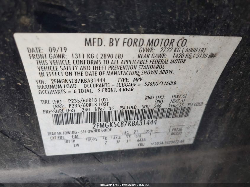 2019 Ford Flex Sel VIN: 2FMGK5C87KBA31444 Lot: 43914752