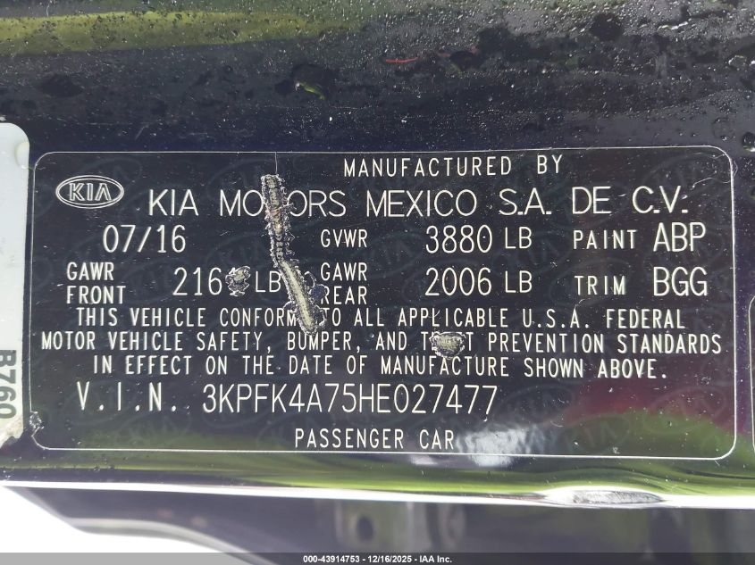 2017 Kia Forte Lx VIN: 3KPFK4A75HE027477 Lot: 43914753