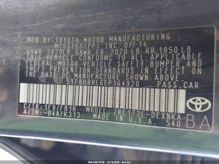 2014 Toyota Corolla Le VIN: 5YFBURHE6EP164920 Lot: 43914758