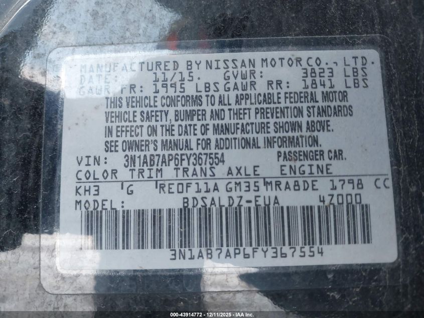 2015 Nissan Sentra Sv VIN: 3N1AB7AP6FY367554 Lot: 43914772