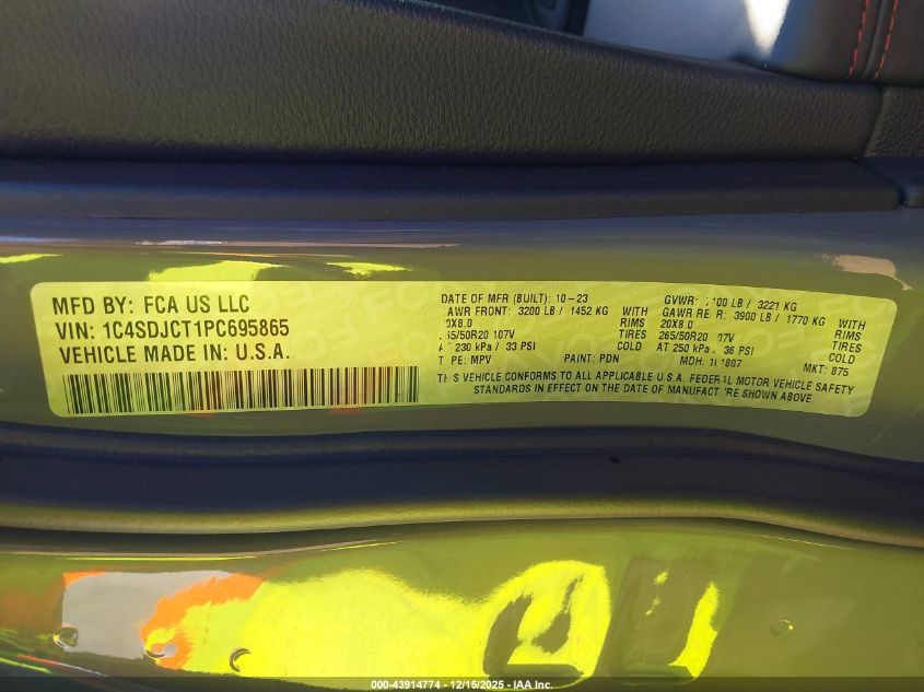 2023 Dodge Durango R/T Plus Awd VIN: 1C4SDJCT1PC695865 Lot: 43914774