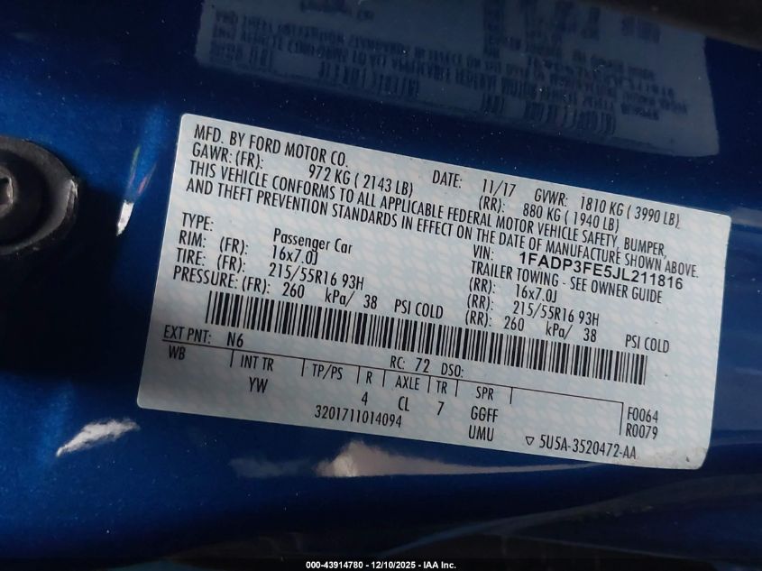 2018 Ford Focus Se VIN: 1FADP3FE5JL211816 Lot: 43914780