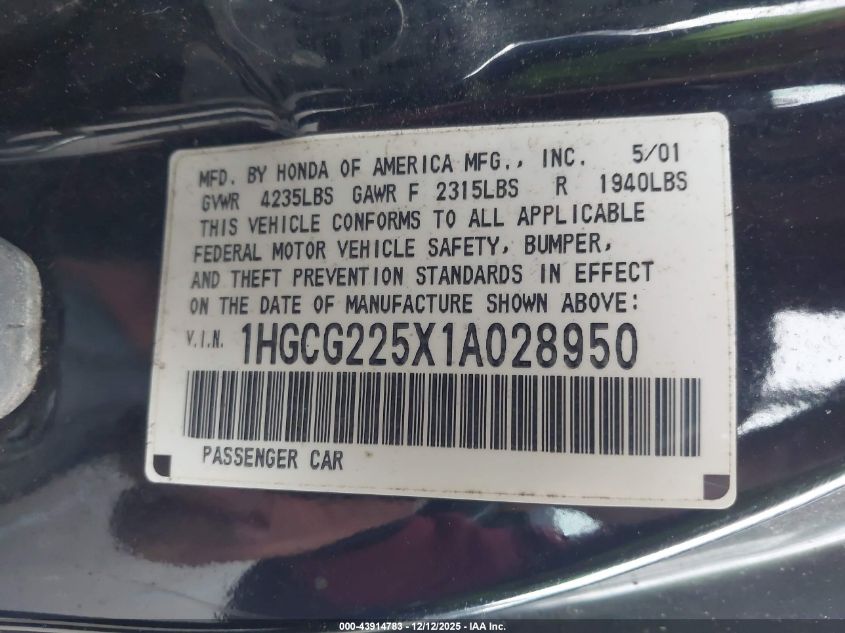 2001 Honda Accord 3.0 Ex VIN: 1HGCG225X1A028950 Lot: 43914783