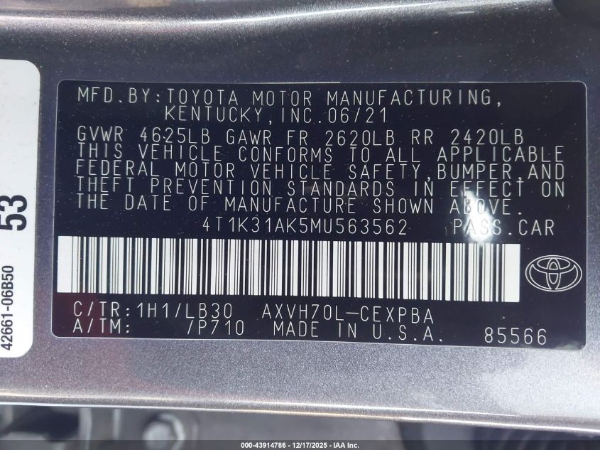 2021 Toyota Camry Xse Hybrid VIN: 4T1K31AK5MU563562 Lot: 43914786