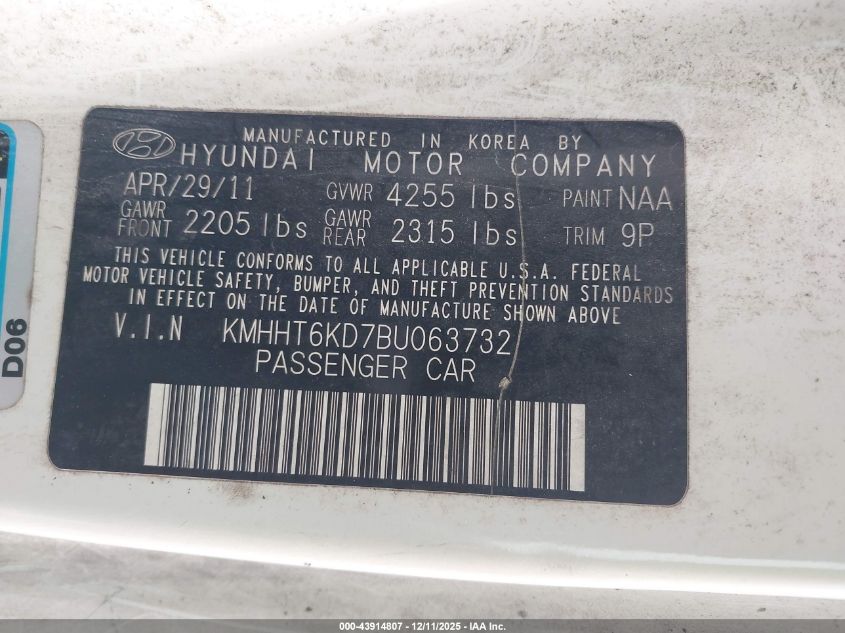 2011 Hyundai Genesis 2.0T VIN: KMHHT6KD7BU063732 Lot: 43914807