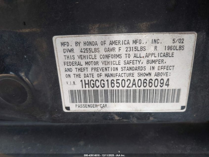 2002 Honda Accord 3.0 Ex VIN: 1HGCG16502A066094 Lot: 43914818