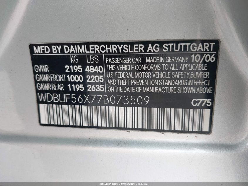 2007 Mercedes-Benz E 350 VIN: WDBUF56X77B073509 Lot: 43914820