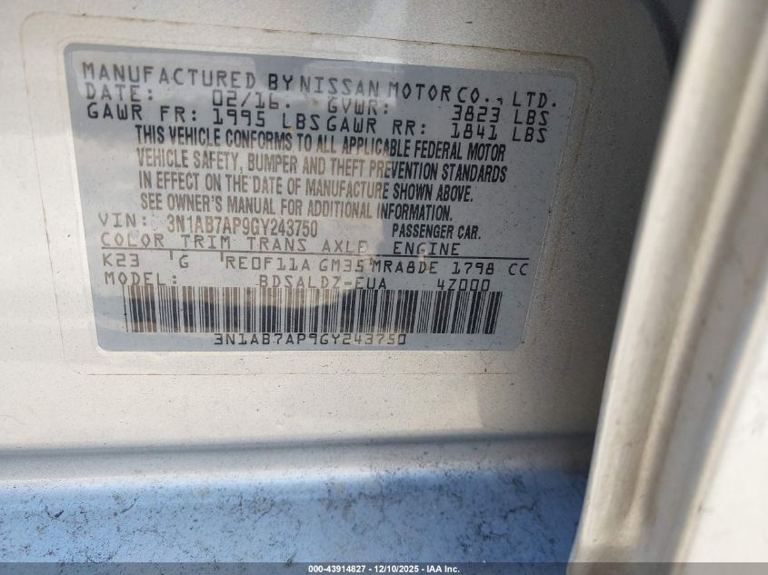 2016 Nissan Sentra Fe+ S/S/Sl/Sr/Sv VIN: 3N1AB7AP9GY243750 Lot: 43914827