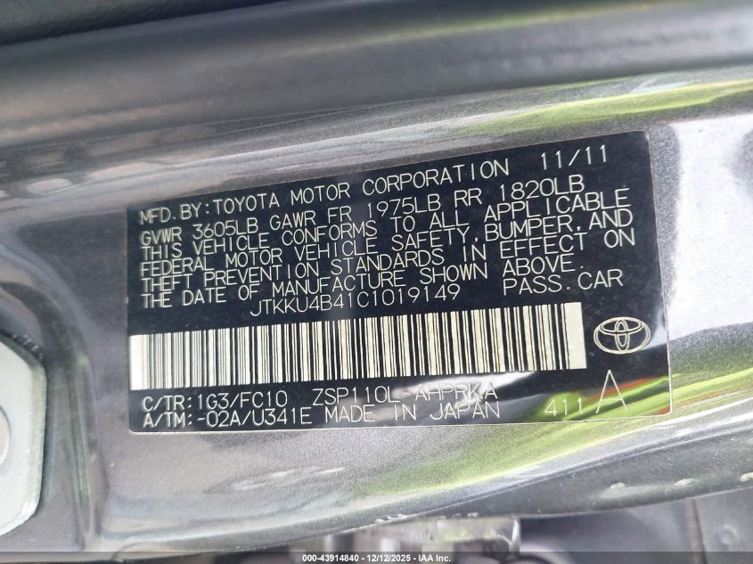 2012 Scion Xd VIN: JTKKU4B41C1019149 Lot: 43914840