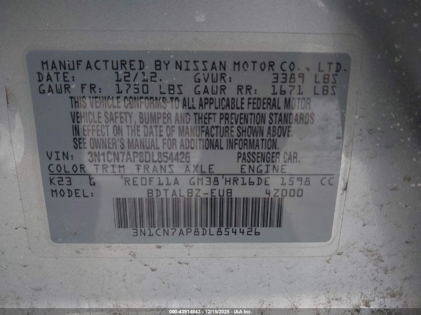 2013 Nissan Versa 1.6 Sv VIN: 3N1CN7AP8DL854426 Lot: 43914843