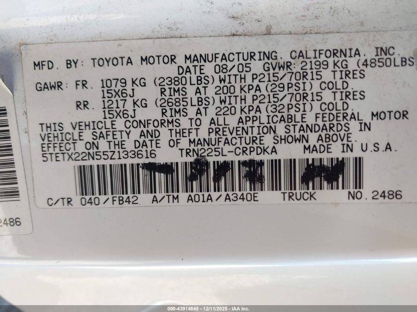2005 Toyota Tacoma VIN: 5TETX22N55Z133616 Lot: 43914848