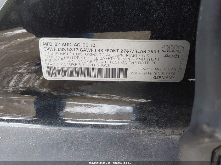 2011 Audi A6 3.0 Premium VIN: WAUFGAFB7BN008488 Lot: 43914851
