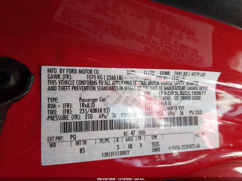 2013 Ford Focus St VIN: 1FADP3L92DL185817 Lot: 43914856