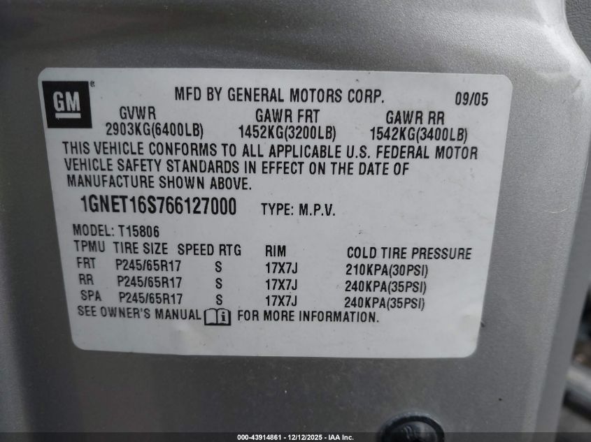 2006 Chevrolet Trailblazer Ext Lt VIN: 1GNET16S766127000 Lot: 43914861