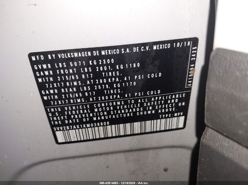 2019 Volkswagen Tiguan 2.0T Se/2.0T Sel/2.0T Sel R-Line/2.0T Sel R-Line Black VIN: 3VV2B7AX1KM036806 Lot: 43914863