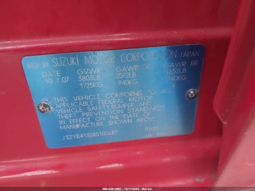2008 Suzuki Sx4 Convenience/Touring VIN: JS2YB413285105687 Lot: 43914867