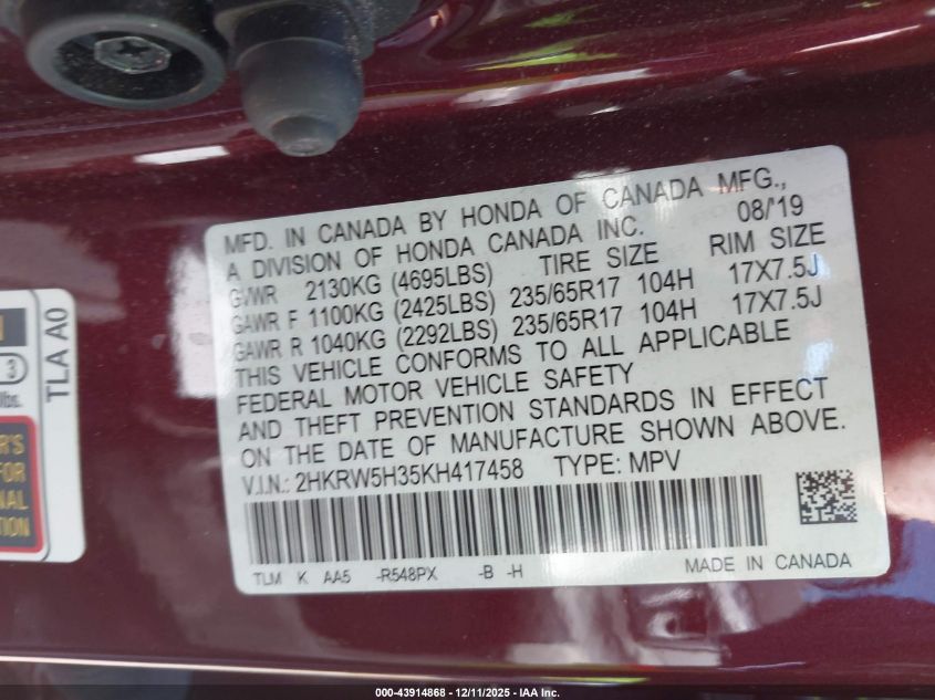 2019 Honda Cr-V Lx VIN: 2HKRW5H35KH417458 Lot: 43914868