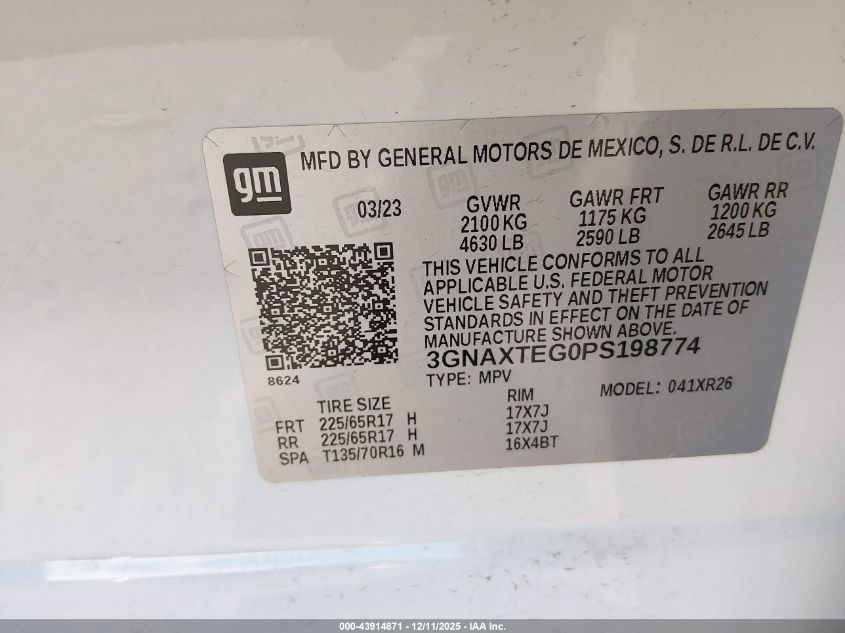 2023 Chevrolet Equinox Awd 2Fl VIN: 3GNAXTEG0PS198774 Lot: 43914871