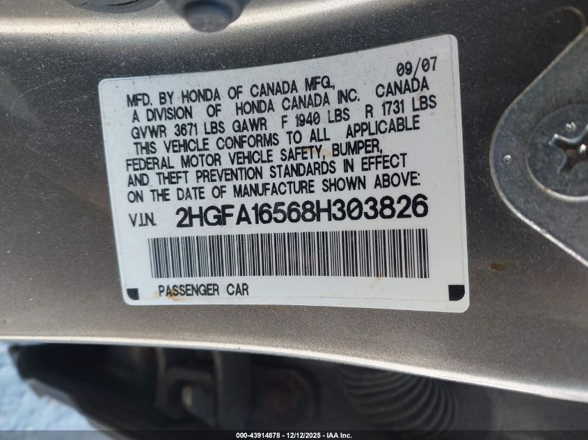 2008 Honda Civic Lx VIN: 2HGFA16568H303826 Lot: 43914878