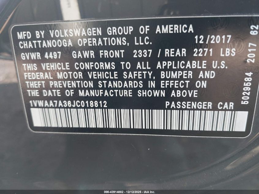 2018 Volkswagen Passat 2.0T R-Line/2.0T S VIN: 1VWAA7A36JC018812 Lot: 43914882