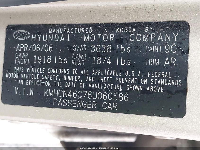 2006 Hyundai Accent Gls VIN: KMHCN46C76U060586 Lot: 43914888