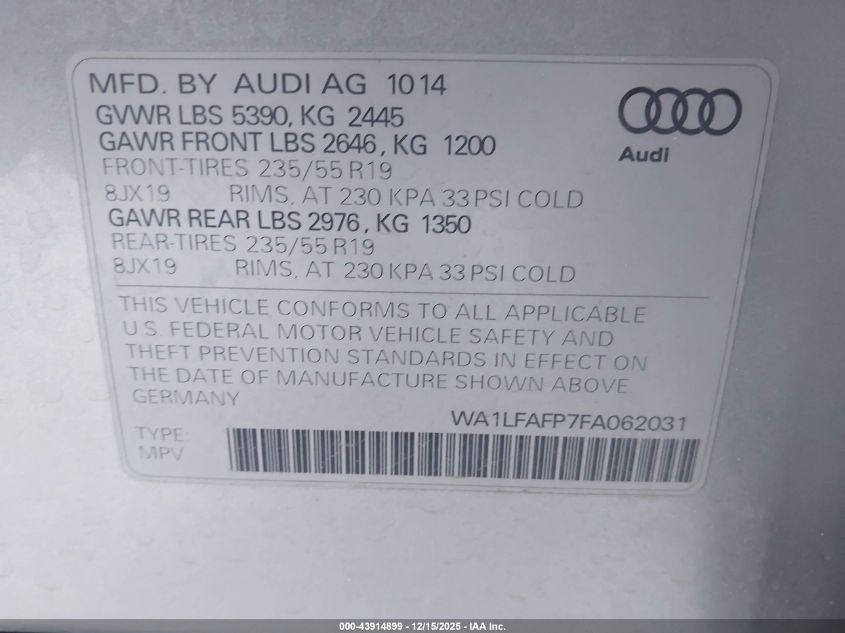 2015 Audi Q5 2.0T Premium VIN: WA1LFAFP7FA062031 Lot: 43914899