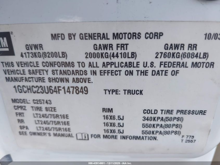 2004 Chevrolet Silverado 2500Hd Ls VIN: 1GCHC23U64F147849 Lot: 43914901