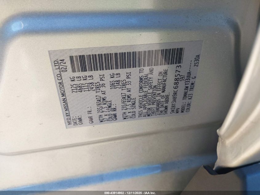 2024 Nissan Rogue S Intelligent Awd VIN: 5N1BT3AB9RC688573 Lot: 43914902