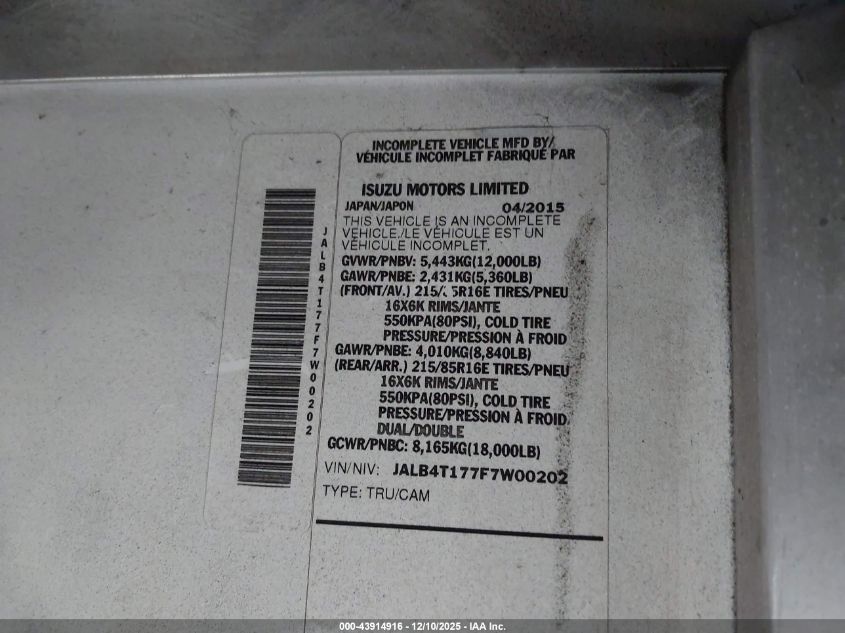 2015 Isuzu Commercial Van VIN: JALB4T177F7W00202 Lot: 43914916