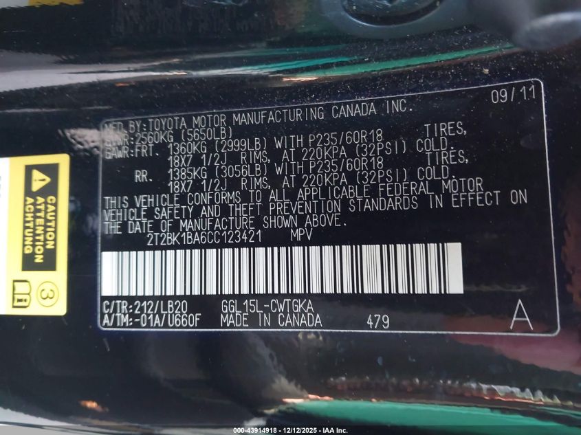 2012 Lexus Rx 350 VIN: 2T2BK1BA6CC123421 Lot: 43914918