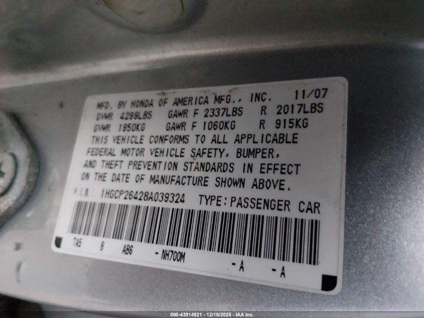 2008 Honda Accord 2.4 Lx-P VIN: 1HGCP26428A039324 Lot: 43914921