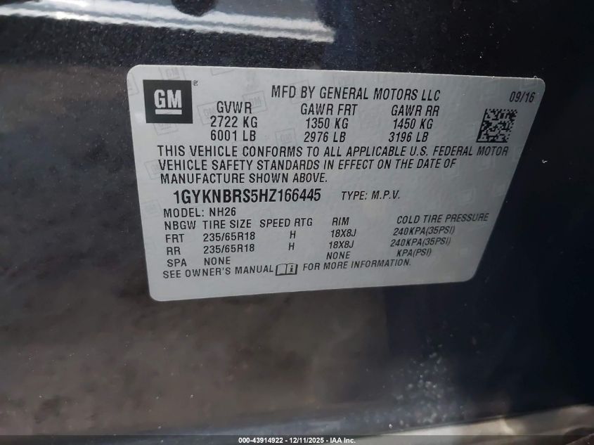 2017 Cadillac Xt5 Luxury VIN: 1GYKNBRS5HZ166445 Lot: 43914922