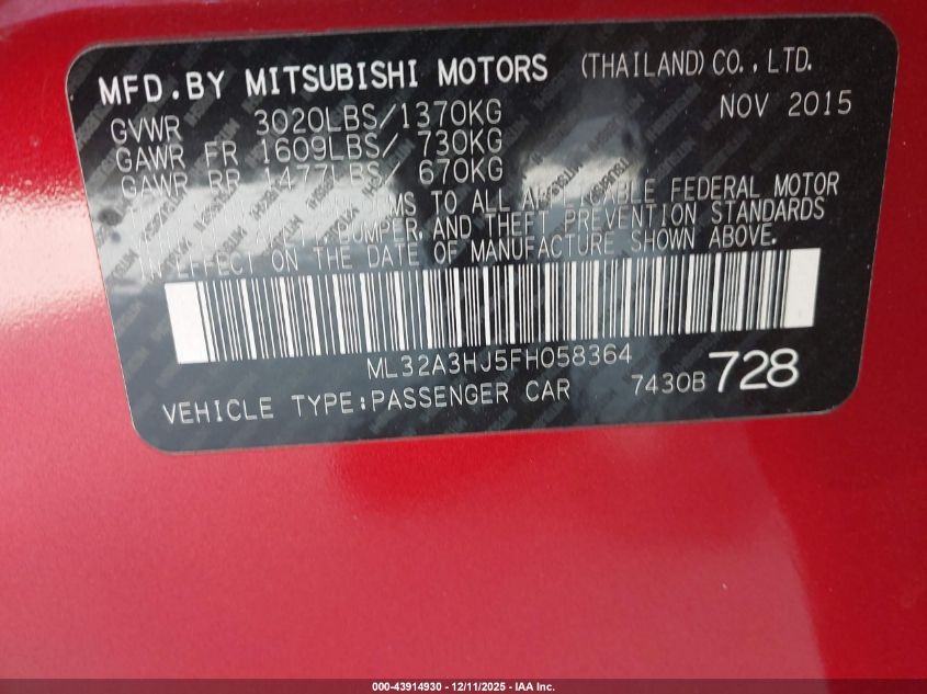 2015 Mitsubishi Mirage De VIN: ML32A3HJ5FH058364 Lot: 43914930