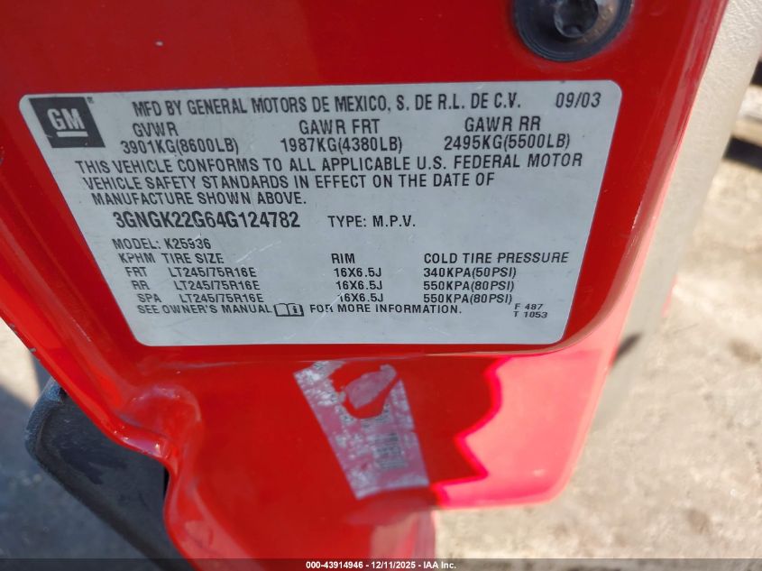 2004 Chevrolet Avalanche 2500 VIN: 3GNGK22G64G124782 Lot: 43914946