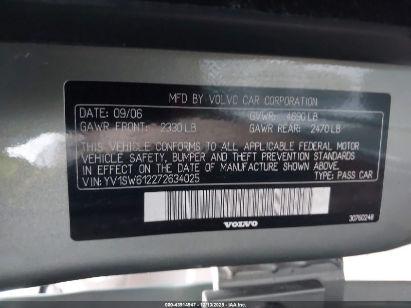 2007 Volvo V70 2.4 VIN: YV1SW612272634025 Lot: 43914947