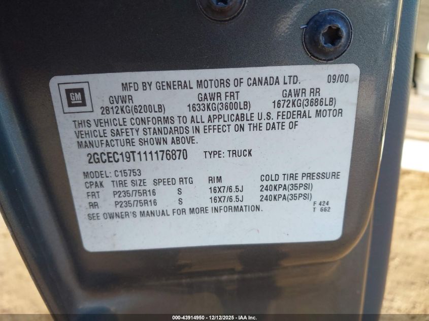 2001 Chevrolet Silverado 1500 Ls VIN: 2GCEC19T111176870 Lot: 43914950