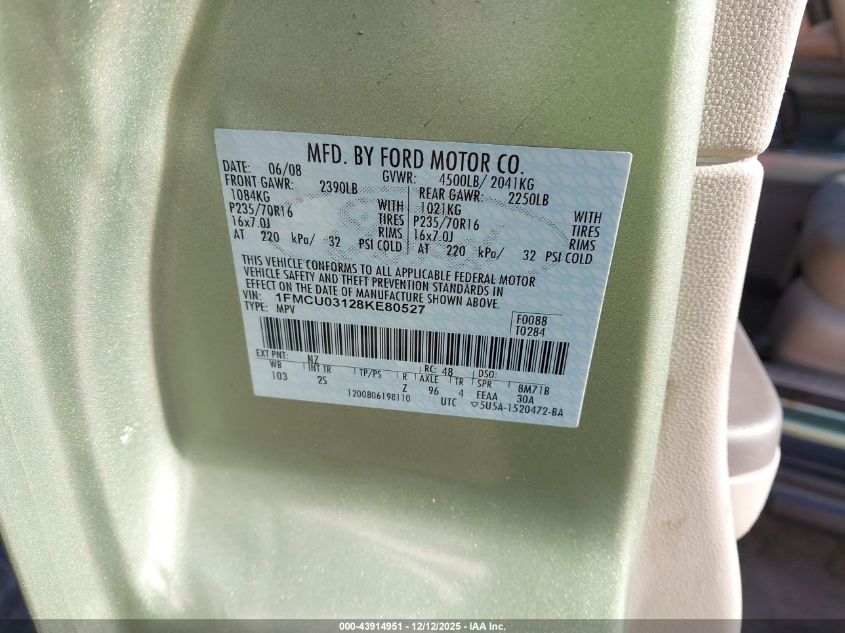 2008 Ford Escape Xlt VIN: 1FMCU03128KE80527 Lot: 43914951