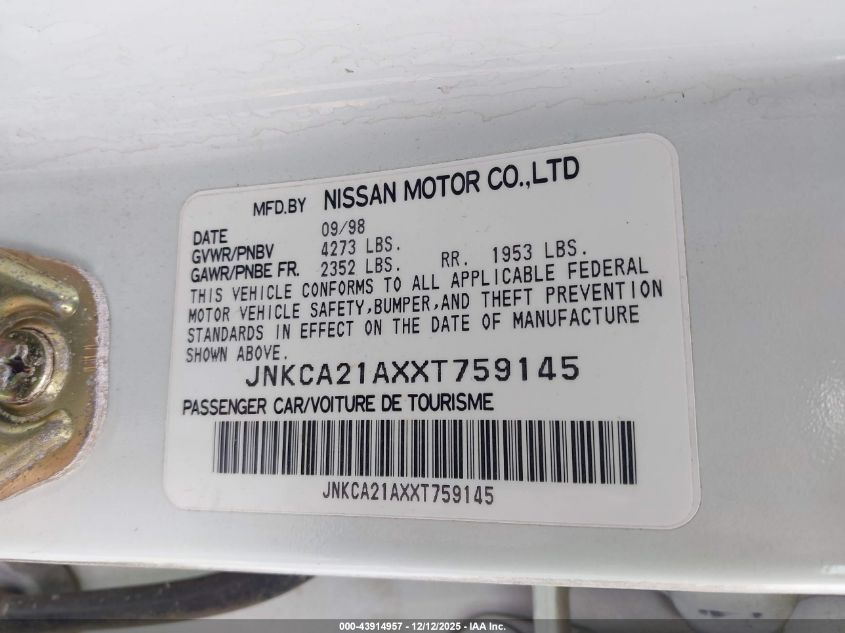 1999 Infiniti I30 Limited/Standard/Touring VIN: JNKCA21AXXT759145 Lot: 43914957